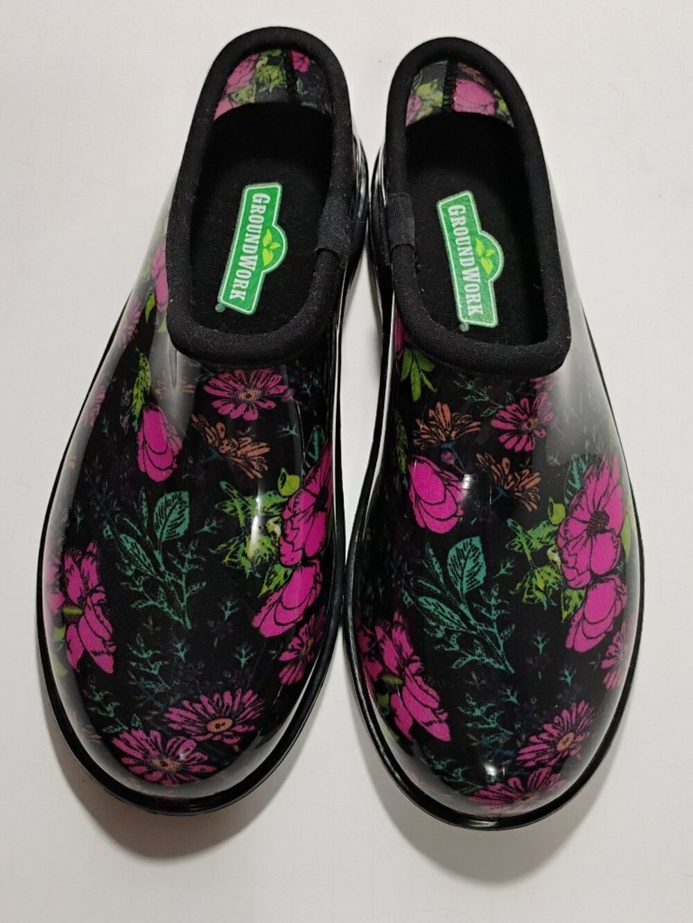 Ground Work Womens Garden Clogs Black Floral Waterproof Shoes Size 9